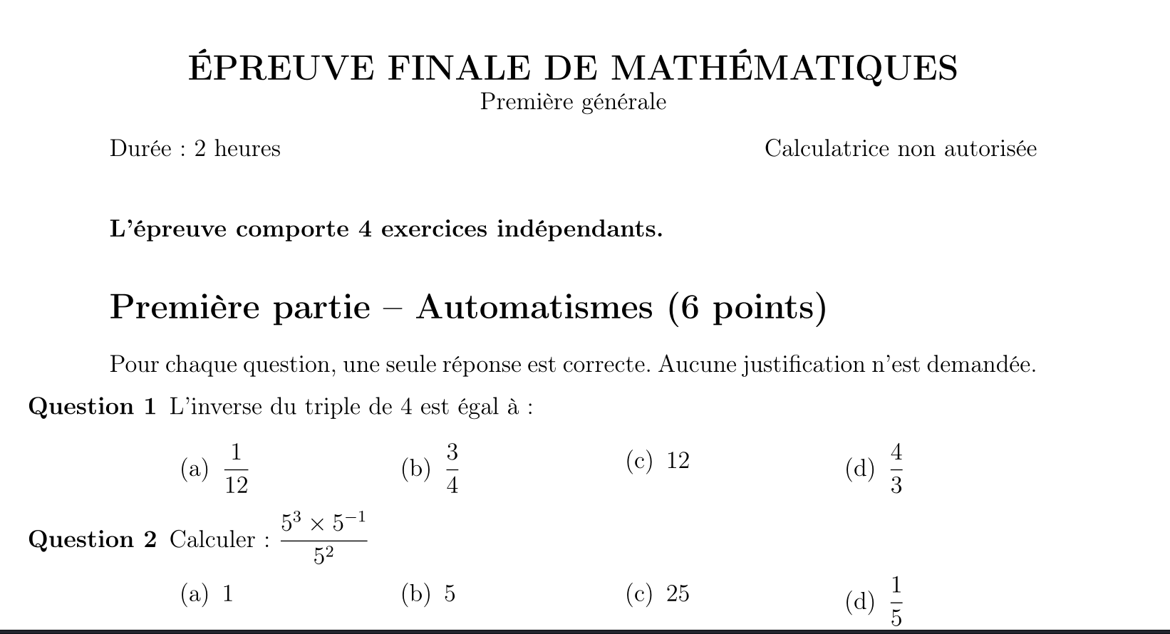 Maths SPE Première — Sujet Zero 1 — Examen blanc en ligne — Niveau Facile