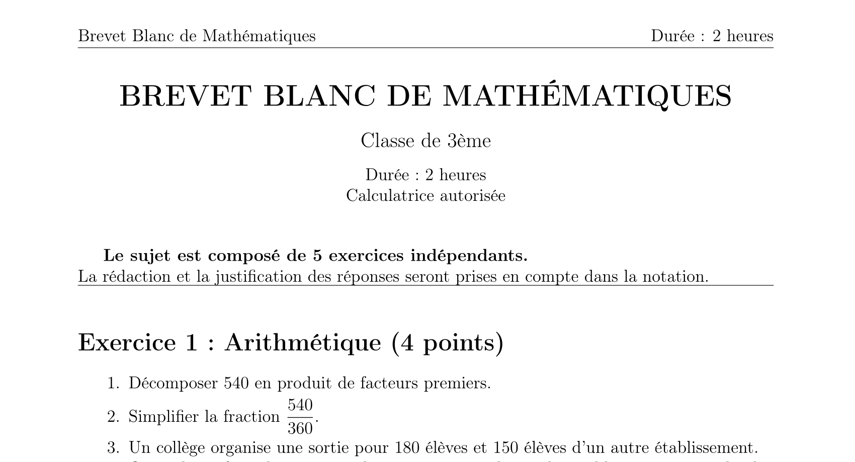 Maths Troisième — Brevet Blanc FREE VERSION 1 — Brevet blanc en ligne — Niveau Intermédiaire