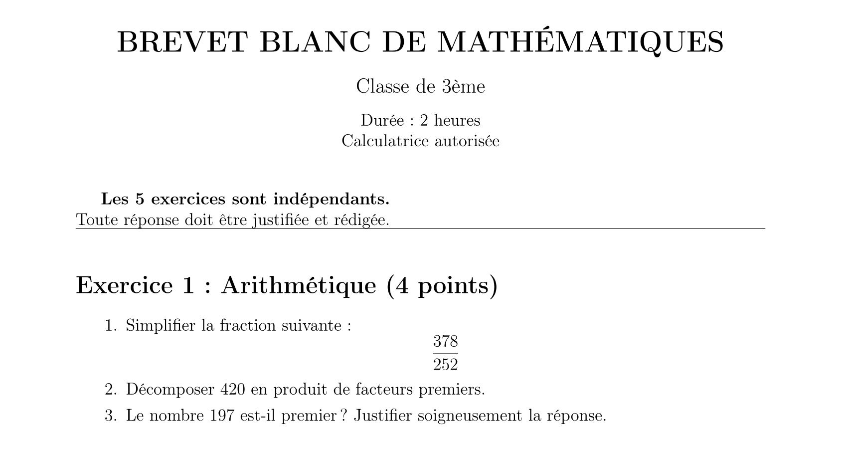 Maths Troisième — Brevet Blanc 1 — Brevet blanc en ligne — Niveau Intermédiaire