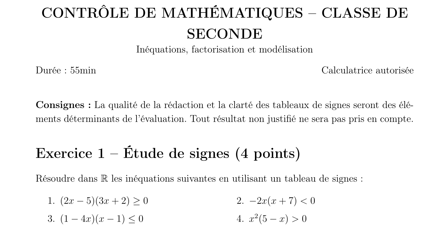 Maths Seconde — Contrôle Fonctions Affines et Inéquations — Contrôle en ligne — Niveau Intermédiaire