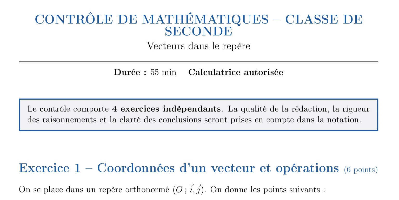 Maths Seconde — Vecteurs dans le Repère — Contrôle en ligne 1 — Niveau Facile