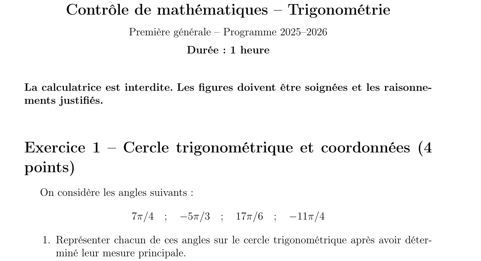 Maths Premiere — Trigonometrie — Contrôle en ligne 1 — Niveau Facile