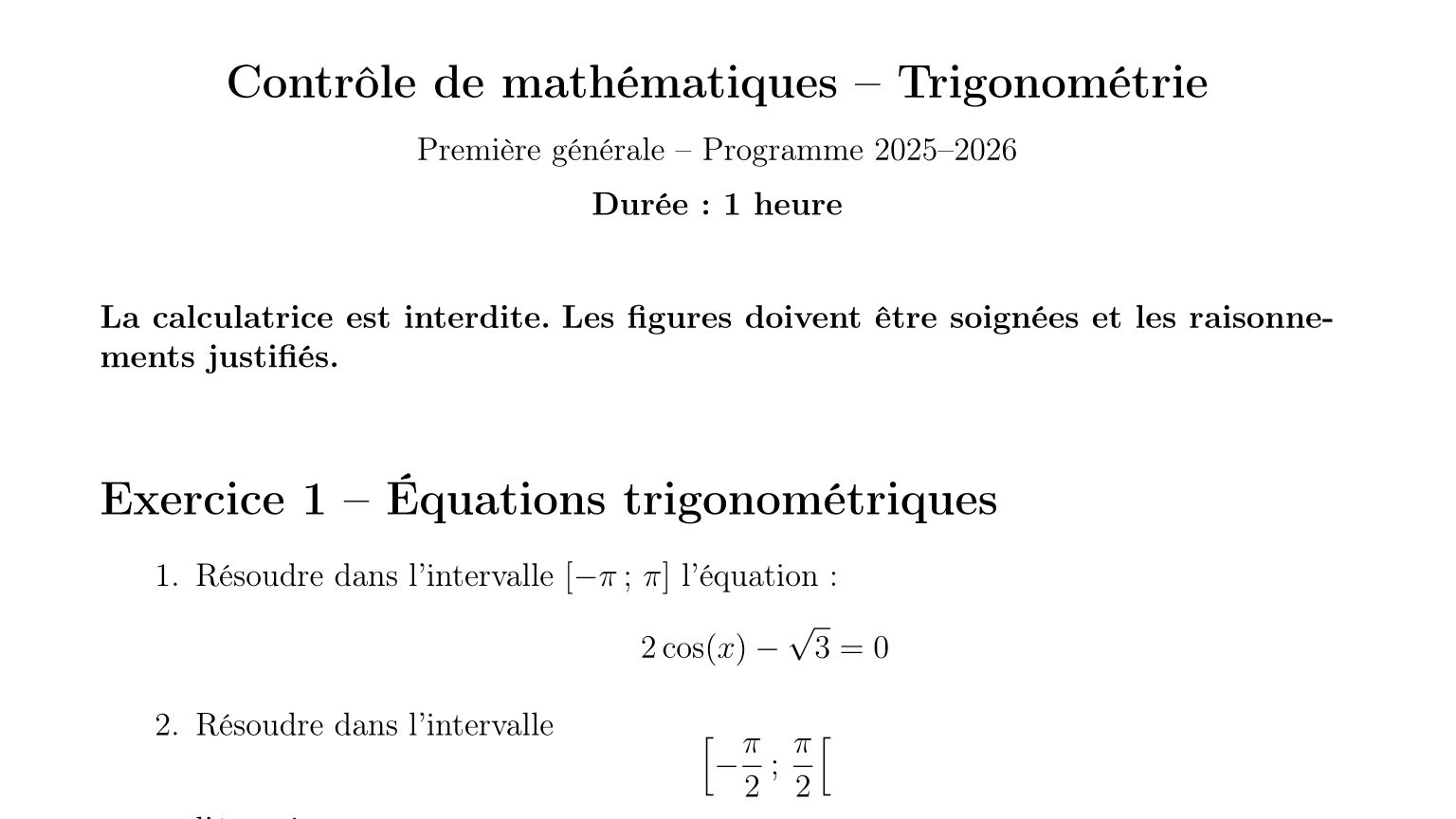 Maths Premiere — Trigonometrie — Contrôle en ligne 2 — Niveau Intermédiaire