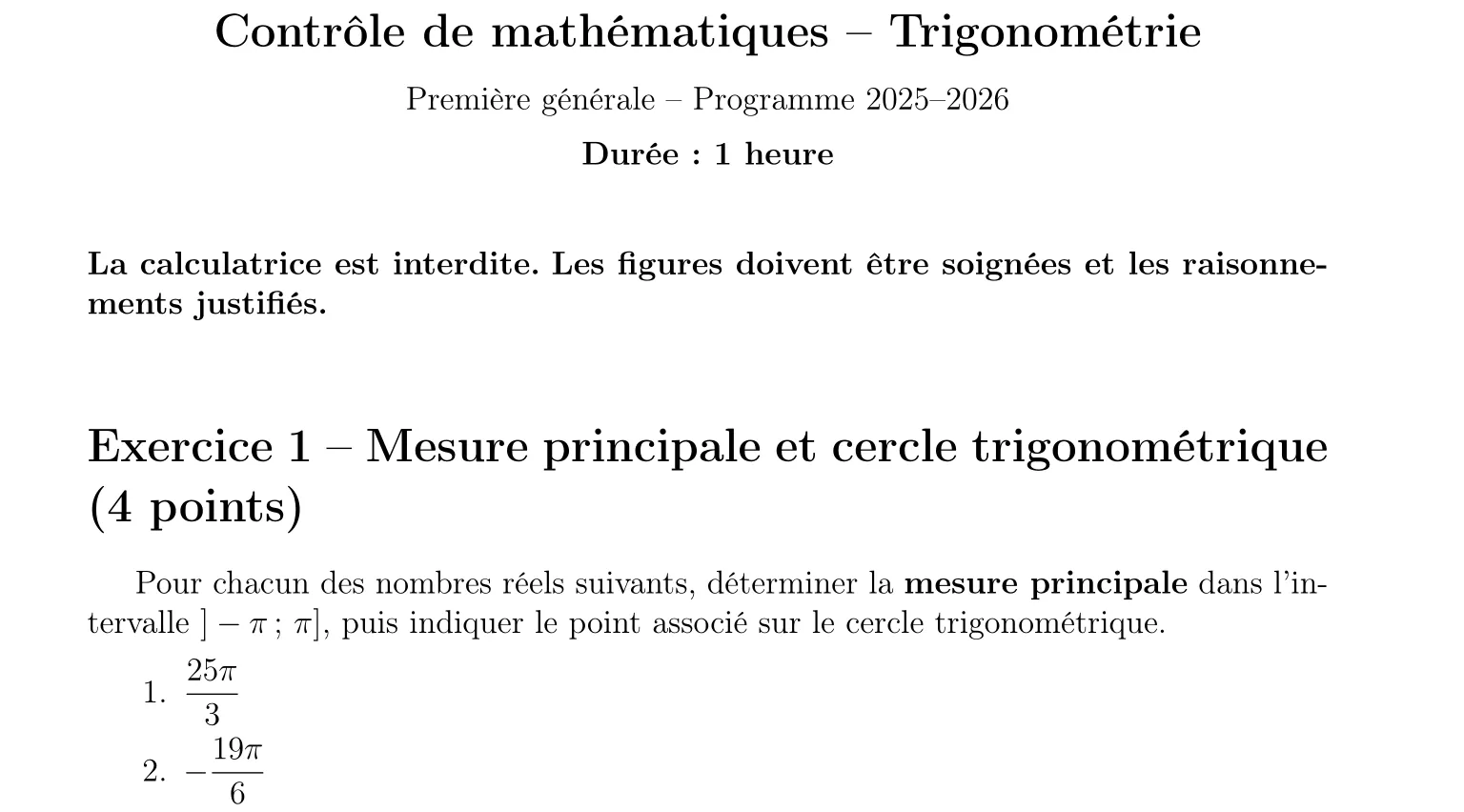 Maths Premiere — Trigonometrie — Contrôle en ligne 3 — Niveau Intermédiaire