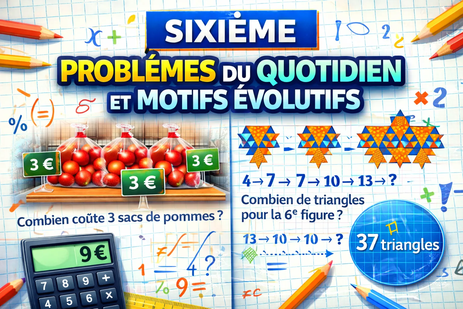 Maths Sixième — Introduction à l’algèbre — Problèmes du quotidien et motifs évolutifs — Cours + Exercices
