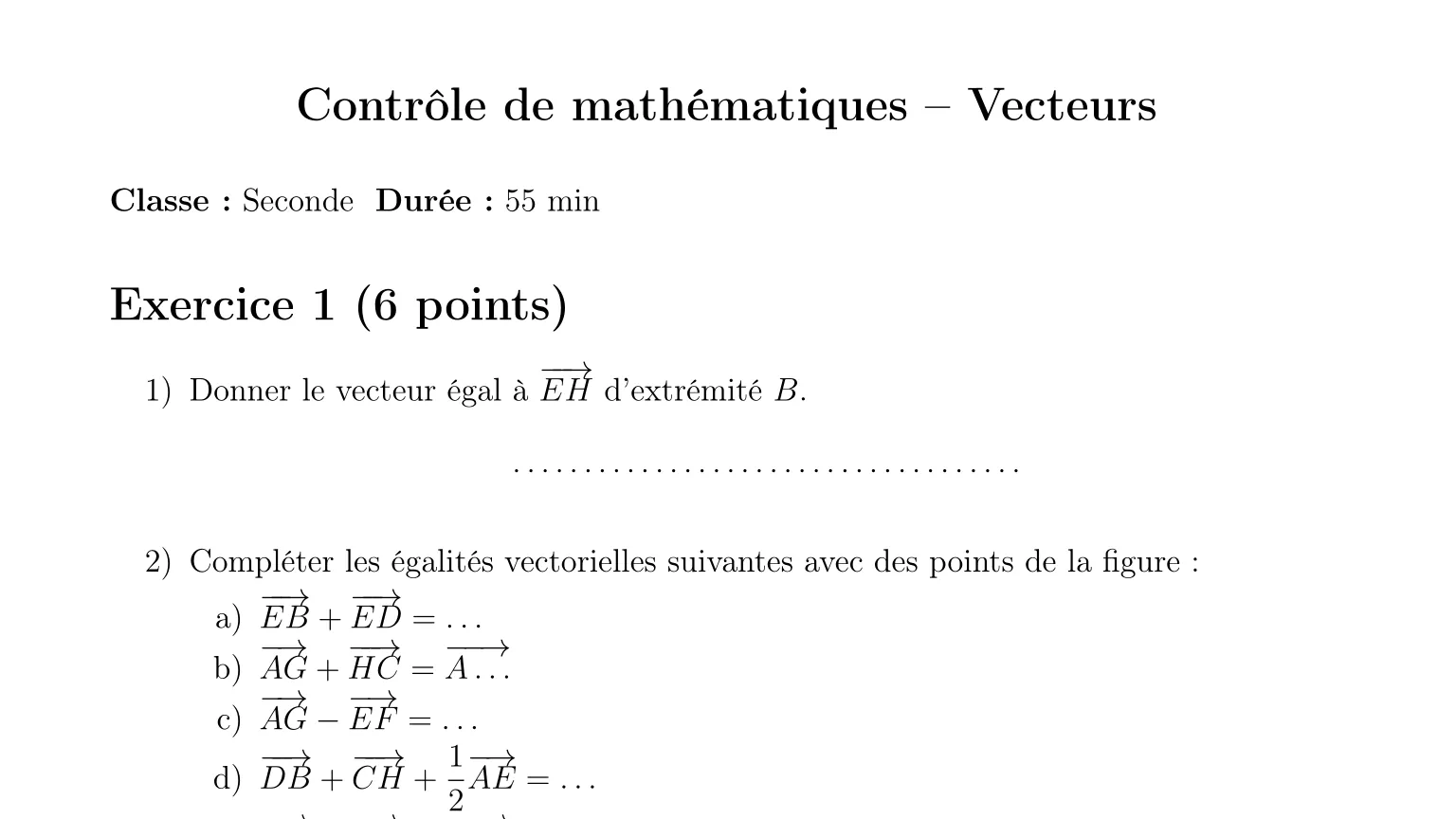 Maths Seconde — Vecteurs dans le Repère — Contrôle en ligne 2 — Niveau Intermédiaire
